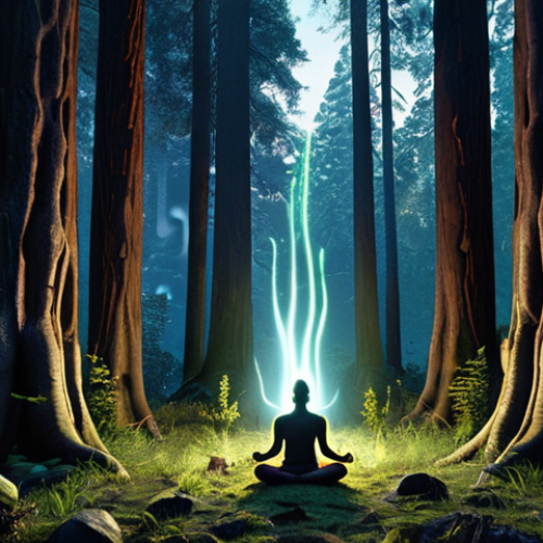 Home 11 **Prompt:** A serene forest scene at twilight, ancient trees with glowing spirit-like forms emerging from their trunks, a figure in modern clothing meditating peacefully among them, fireflies dancing in the air, cinematic lighting.
