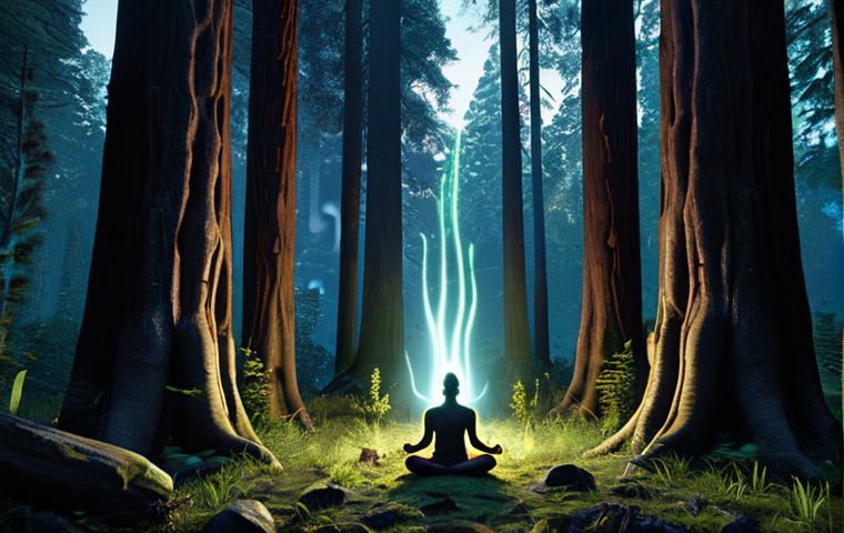 **Prompt:** A serene forest scene at twilight, ancient trees with glowing spirit-like forms emerging from their trunks, a figure in modern clothing meditating peacefully among them, fireflies dancing in the air, cinematic lighting.