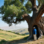 A professional individual, fully clothed in modest, comfortable outdoor attire, gently observing an ancient, gnarled tree in a serene Anatolian landscape. The scene features rolling hills, a clear sky, and soft natural light, conveying a sense of timeless connection to nature. The composition is professional photography, emphasizing perfect anatomy, correct proportions, natural pose, well-formed hands, and proper finger count. This image is safe for work, appropriate content, and family-friendly.