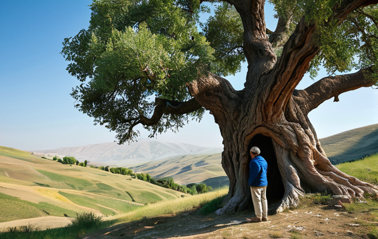 A professional individual, fully clothed in modest, comfortable outdoor attire, gently observing an ancient, gnarled tree in a serene Anatolian landscape. The scene features rolling hills, a clear sky, and soft natural light, conveying a sense of timeless connection to nature. The composition is professional photography, emphasizing perfect anatomy, correct proportions, natural pose, well-formed hands, and proper finger count. This image is safe for work, appropriate content, and family-friendly.