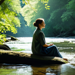 A solitary figure, fully clothed in modest outdoor attire, sits peacefully by a clear, flowing river in a lush, ancient forest. Sunlight filters through the canopy, illuminating the scene with a soft, ethereal glow. The person gently touches the water, conveying a deep sense of respect and connection to nature. The image emphasizes ecological awareness and inner tranquility. Professional photography, perfect anatomy, correct proportions, natural pose, well-formed hands, proper finger count, natural body proportions, safe for work, appropriate content, fully clothed, modest, family-friendly.