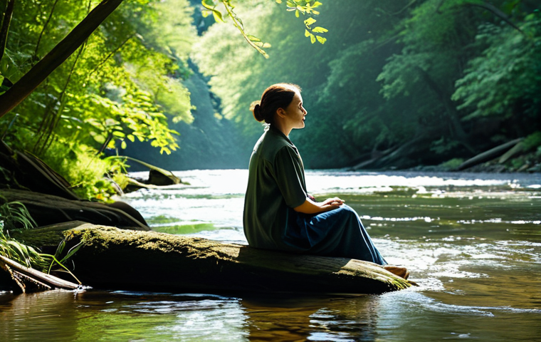 A solitary figure, fully clothed in modest outdoor attire, sits peacefully by a clear, flowing river in a lush, ancient forest. Sunlight filters through the canopy, illuminating the scene with a soft, ethereal glow. The person gently touches the water, conveying a deep sense of respect and connection to nature. The image emphasizes ecological awareness and inner tranquility. Professional photography, perfect anatomy, correct proportions, natural pose, well-formed hands, proper finger count, natural body proportions, safe for work, appropriate content, fully clothed, modest, family-friendly.