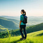 **

"A serene landscape featuring a young woman in comfortable, modest hiking clothes, standing on a hilltop overlooking a lush green valley. Soft, diffused sunlight. Background includes rolling hills and a distant forest. Perfect anatomy, correct proportions, natural pose, fully clothed, appropriate attire, safe for work, professional photography, high quality, family-friendly, vibrant colors, detailed textures."

**