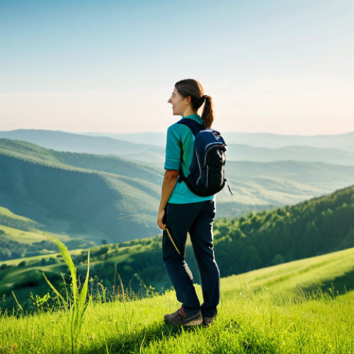 **

"A serene landscape featuring a young woman in comfortable, modest hiking clothes, standing on a hilltop overlooking a lush green valley. Soft, diffused sunlight. Background includes rolling hills and a distant forest. Perfect anatomy, correct proportions, natural pose, fully clothed, appropriate attire, safe for work, professional photography, high quality, family-friendly, vibrant colors, detailed textures."

**