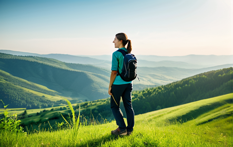 **

"A serene landscape featuring a young woman in comfortable, modest hiking clothes, standing on a hilltop overlooking a lush green valley. Soft, diffused sunlight. Background includes rolling hills and a distant forest. Perfect anatomy, correct proportions, natural pose, fully clothed, appropriate attire, safe for work, professional photography, high quality, family-friendly, vibrant colors, detailed textures."

**
